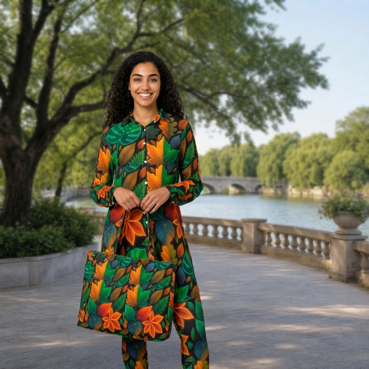 Multi-Color Autumn Leaves All-Over Print Women's Lapel Shirt Dress With Long Sleeve