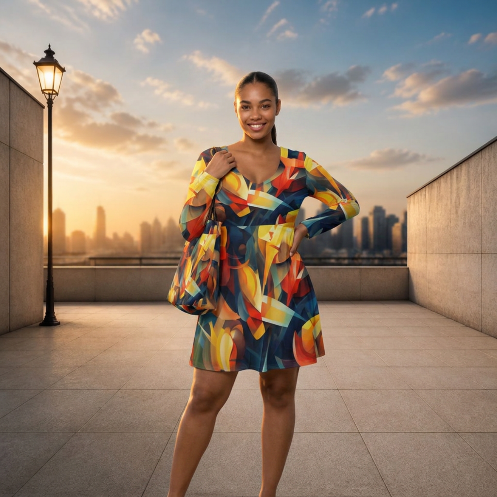 Vibrant Cubist Abstract Art  All-Over Print Women's V-neck Long Sleeve Dress(Plus Size)
