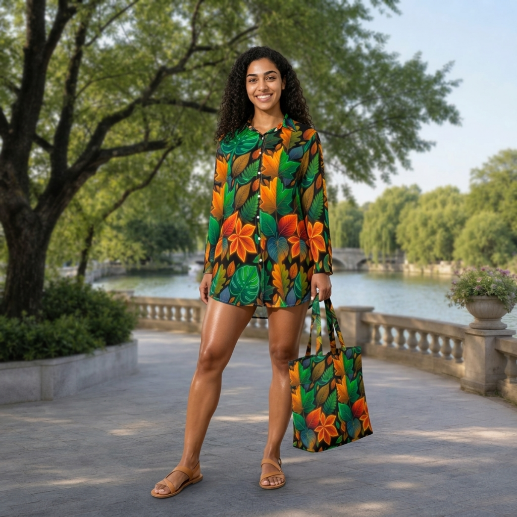 Multi-Color Autumn Leaves All-Over Print Women's Lapel Shirt Dress With Long Sleeve