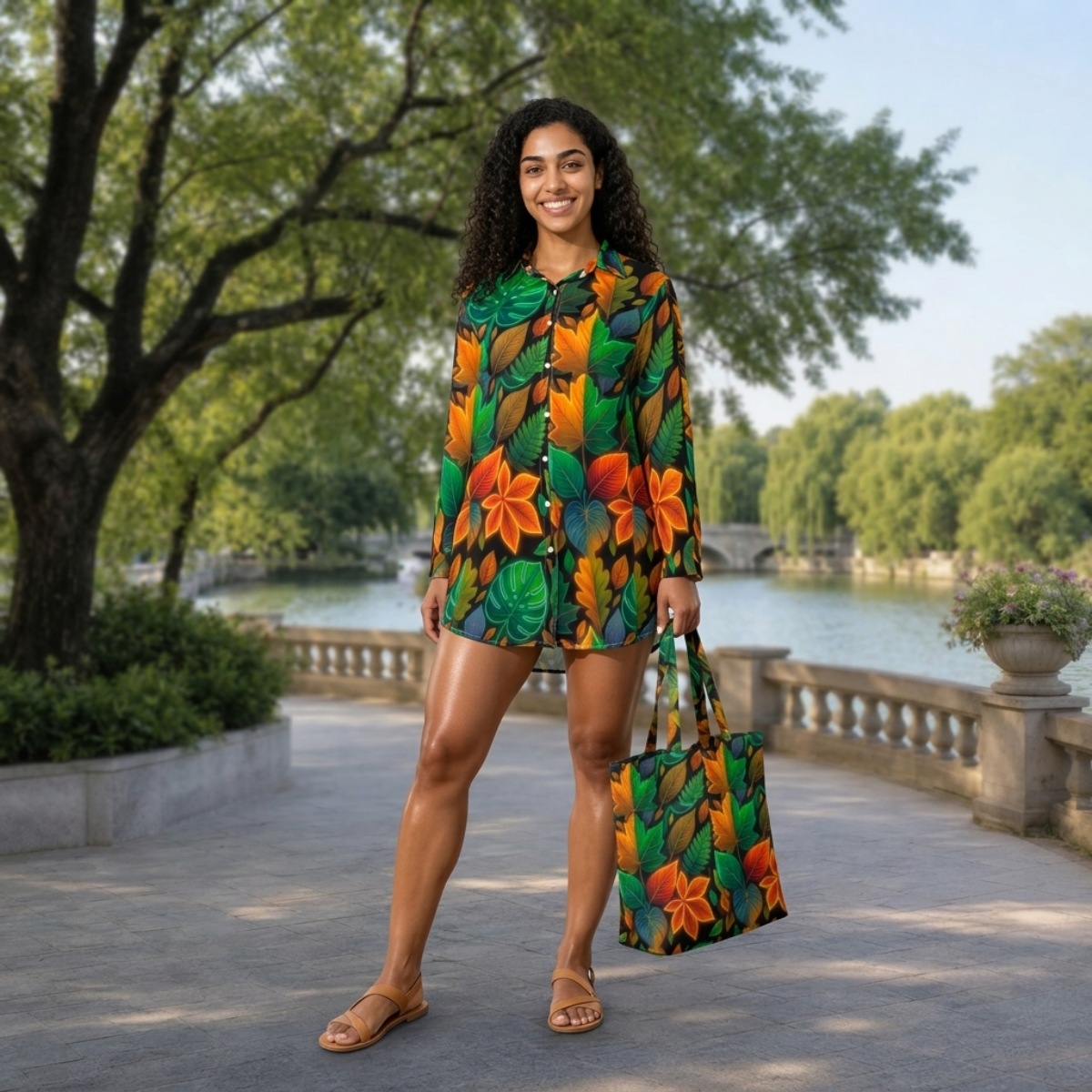Multi-Color Autumn Leaves All-Over Print Women's Lapel Shirt Dress With Long Sleeve