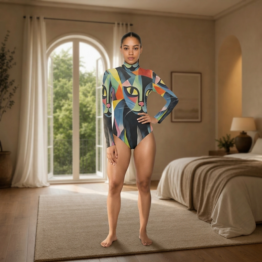 Abstract Cubist Cat-face All-Over Print Women's Stretchy Turtleneck Long Sleeve Bodysuit