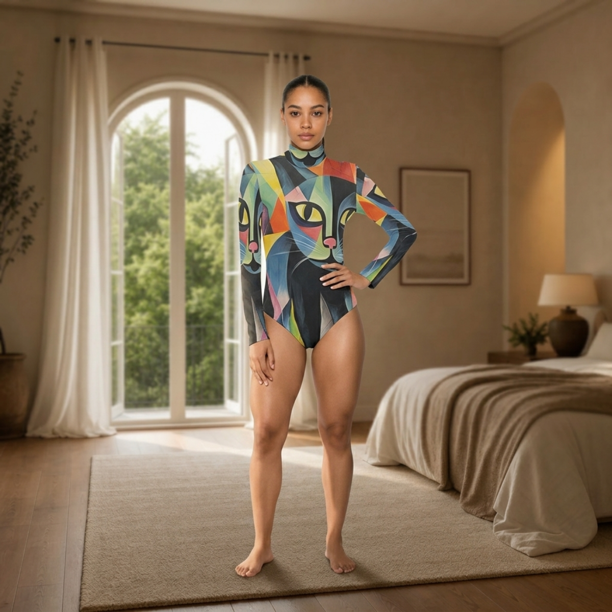 Abstract Cubist Cat-face All-Over Print Women's Stretchy Turtleneck Long Sleeve Bodysuit